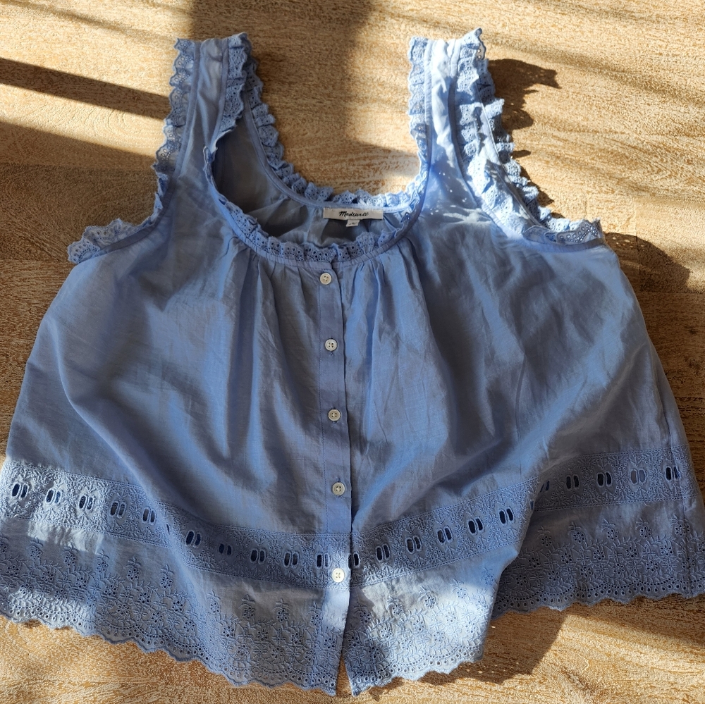 madewell blue cotton embroidered crop tank medium